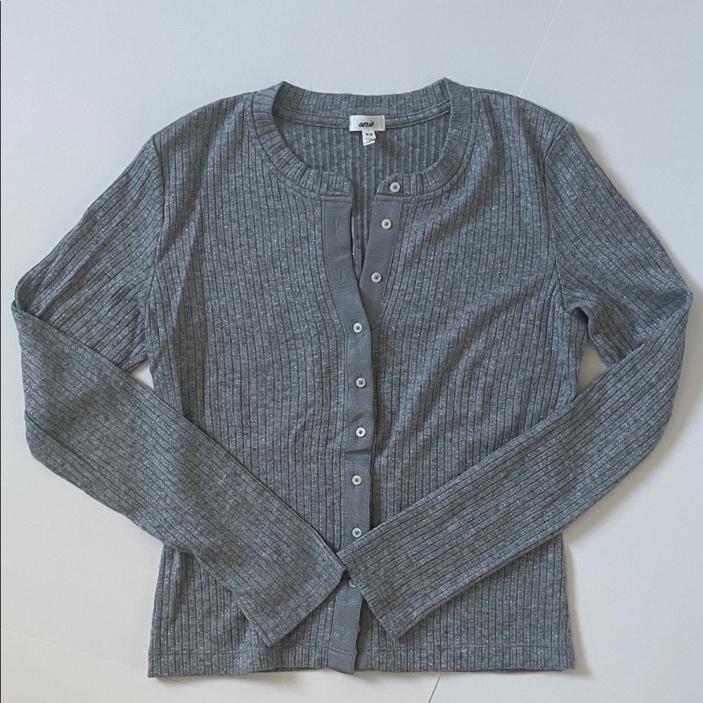 NEW Aerie Gray Sparkle Ribbed HenleyTop Size M - Picture 1 of 1
